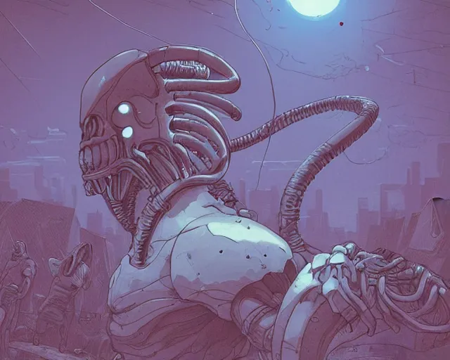 Image similar to a study of cell shaded cartoon of a xenomorph on a country road, street lamps, road, illustration, wide shot, subtle colors, post grunge, concept art by josan gonzales and wlop, by james jean, Victo ngai, David Rubín, Mike Mignola, Laurie Greasley, highly detailed, sharp focus, alien, Trending on Artstation, HQ, deviantart, art by artgem