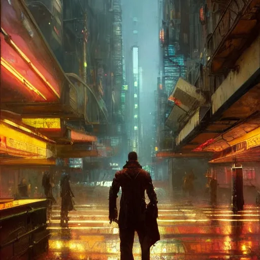 Prompt: wanderer, sidewalk of a cyberpunk megacity, dramatic lighting, detailed background, gorgeous view, realistic, high detail, depth of field, lightrays, atmospheric, digital art, painted by greg rutkowski, painted by jeremy mann, painted by alphonse mucha, trending on artstation