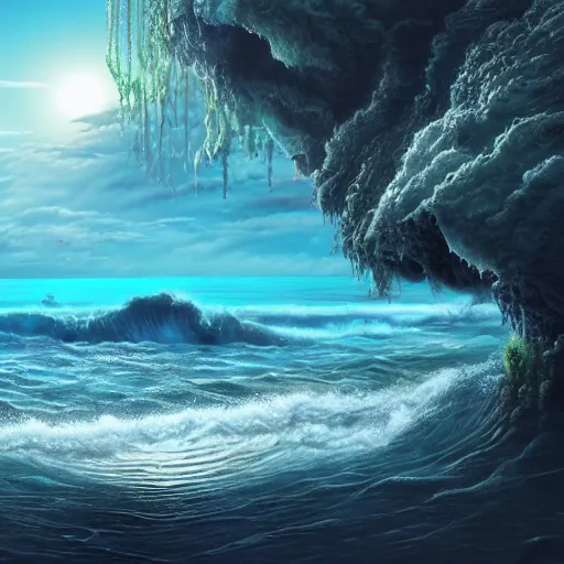 Prompt: a beautiful detailed landscape matte painting of blue ocean