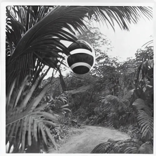 Image similar to a rizom lost film footage of a ( ( ( ( ( ( ( ( sphere ) ) ) ) ) ) ) ) in the middle of the tropical jungle / tropicalism / tropicalism / tropicalism / film still / cinematic / enhanced / 1 9 2 0 s / black and white / grain