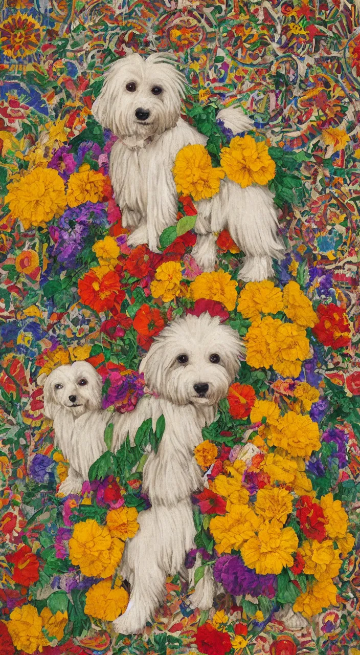 Image similar to portrait of a cream colored havanese dog dressed as an aztec warrior, aztec temple, jungle, with a bouquet of marigolds, mexico, mural by diego rivera realism aztec modernism 1 9 3 5