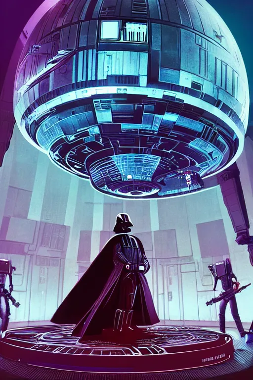 Image similar to darth vader dj standing on a giant science fiction turntable at a deathstar rave, digital art, winning award masterpiece, fantastically beautiful, illustration, dan mumford, moebius, artgerm, wlop 8 k