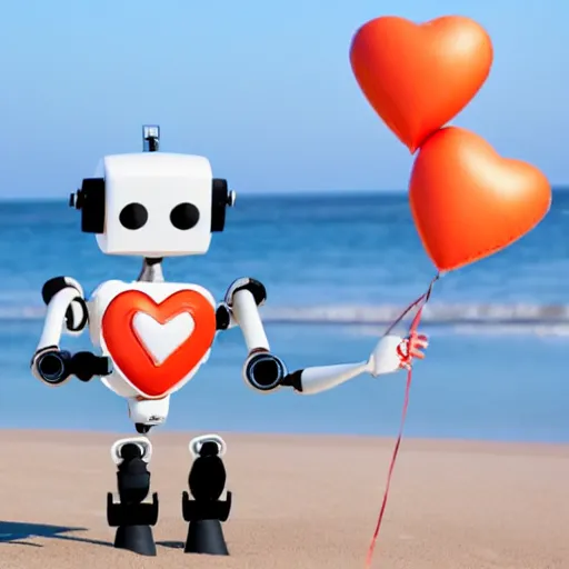 Image similar to a cute robot smiling holding heart balloons in the beach