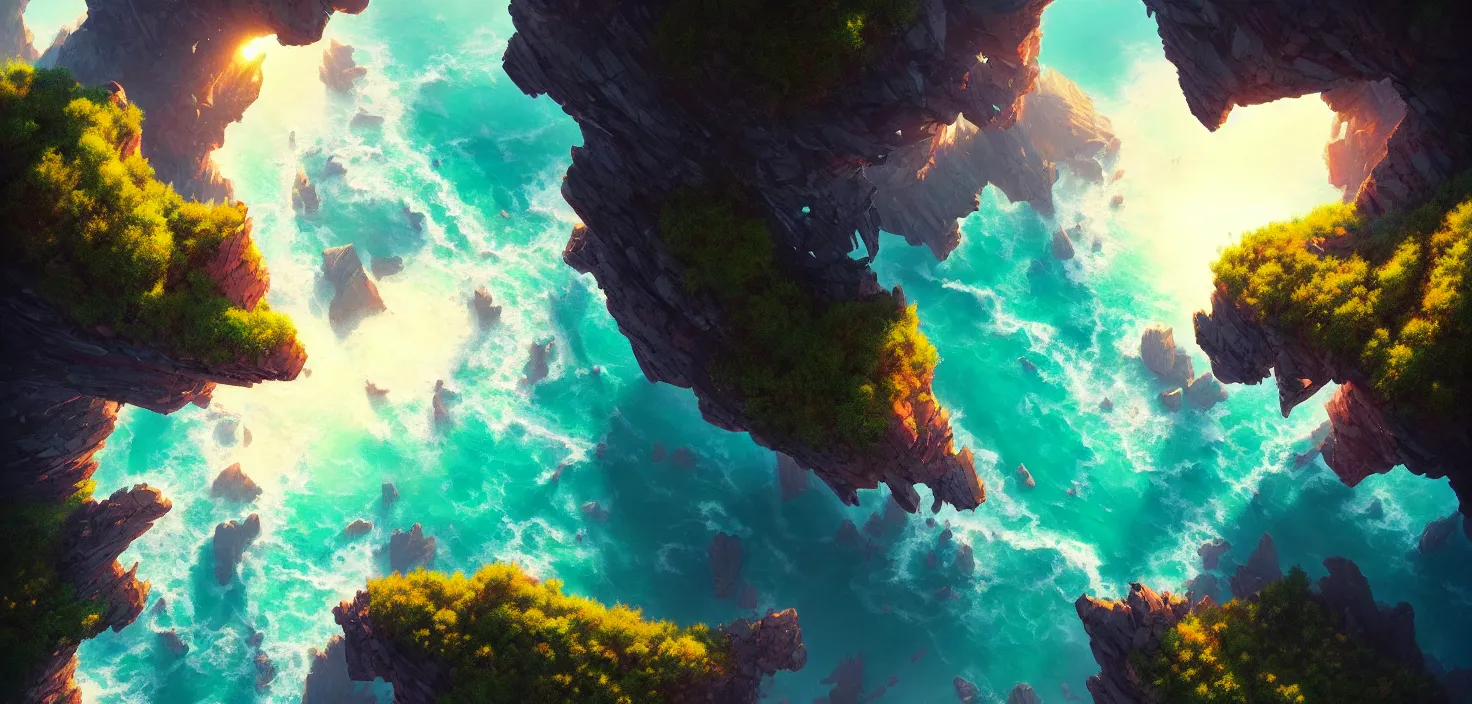 Image similar to nature landscape, aerial view, drone photography, cinematic, mountains and ocean, trending on artstation, by jordan grimmer, huge scene, art greg rutkowski