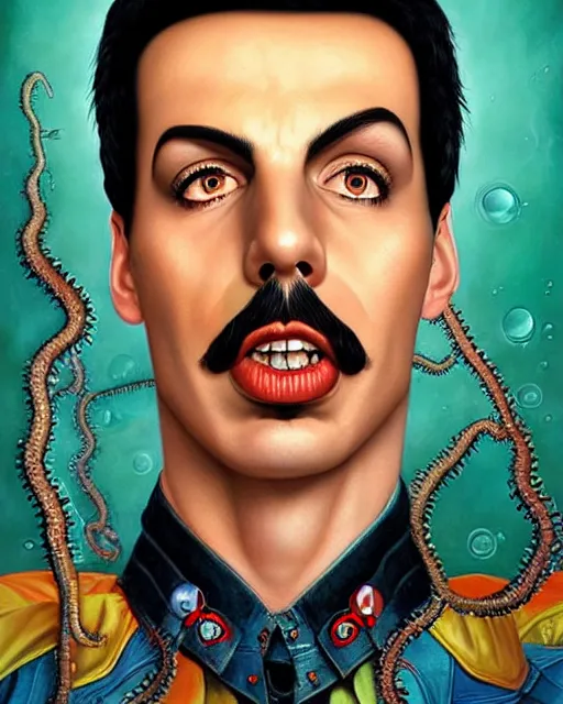 Image similar to lovecraftian portrait of freddie mercury, pixar style, by tristan eaton stanley artgerm and tom bagshaw