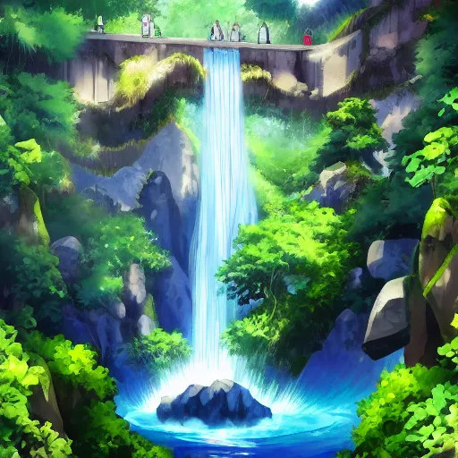 Image similar to waterfall in the wild, with anime character floating over the waterfall, trending on artstation, eiichiro oda style