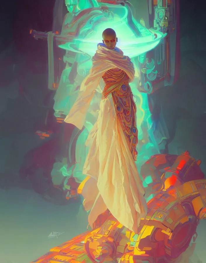 Image similar to a robot monk wearing a flowing cloak, vaporwave aesthetic, colorful, psychedelic, digital painting, artstation, concept art, smooth, sharp focus, illustration, art by artgerm and greg rutkowski and alphonse mucha