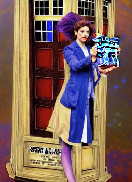 Image similar to oil painting of the twelftg doctor from doctor who with her tardis, intricate, elegant, highly detailed, lighting, painting, artstation, smooth, illustration, art by greg rutowski and alphonse mucha