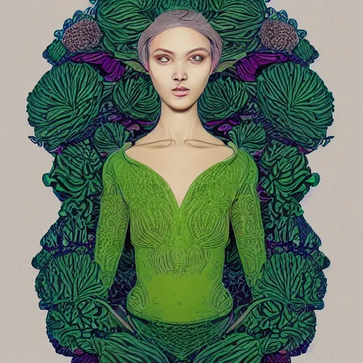 Prompt: the portrait of an unbelievably beautiful, elegant, and sophicated young woman partially made of broccoli pensively gazing into the distance, an ultrafine detailed illustration by james jean, intricate linework, bright colors, final fantasy, behance contest winner, vanitas, angular, altermodern, unreal engine 5 highly rendered, global illumination, radiant light, detailed and intricate environment