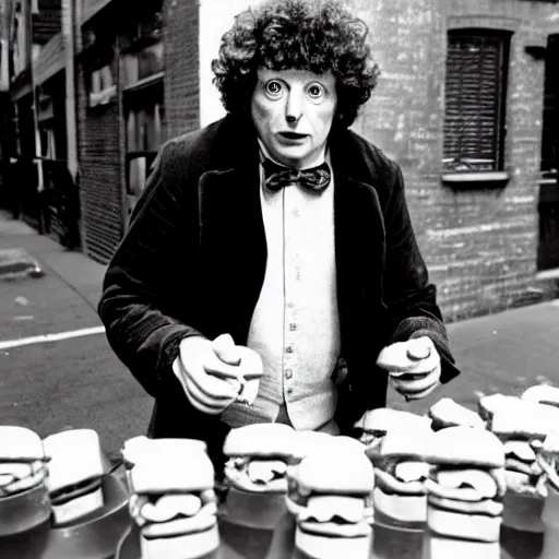 Prompt: fourth doctor tom baker eating 90 hot dogs at once in a new york alley way