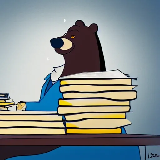 Image similar to bored bear at office, head leaning on paw with elbow on table, piles of paperwork, disney animation style