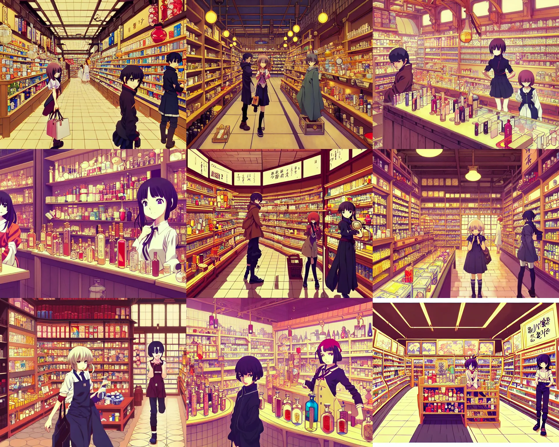 Prompt: anime, portrait of a busy alchemist's potion shop interior with a young female traveler shopping, cute face by ilya kuvshinov and yoh yoshinari, katsura masakazu, mucha, dynamic composition, dynamic perspective, anime cels, rounded eyes, detailed facial features, lomography