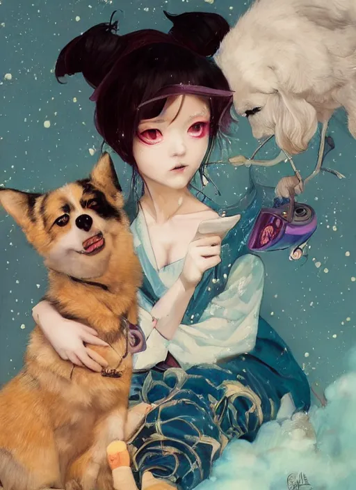 Prompt: beautiful fantasy painting of a Hiphop Lofi anime princess and her corgi chilling to music, by Kenne Gregoire, James Jean, Tran Nguyen, WLOP, Jakub Rebelka. trending on Artstation, 8k, masterpiece, face enhance, graffiti paint, fine detail, full of color, intricate detail, golden ratio illustration