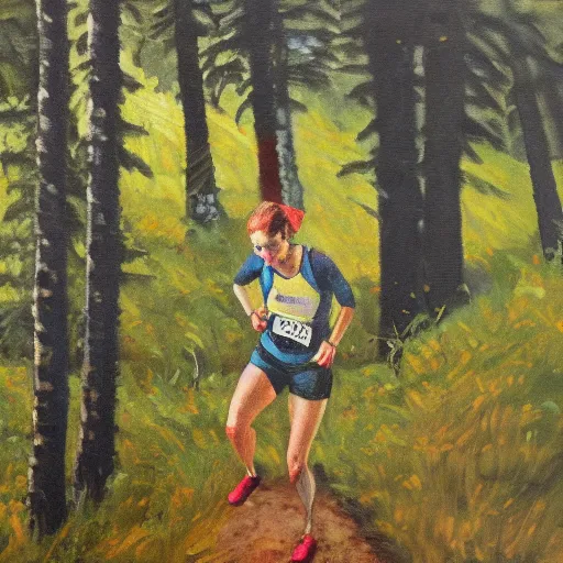 Prompt: a female orienteer runs in the forest, oil on canvas.