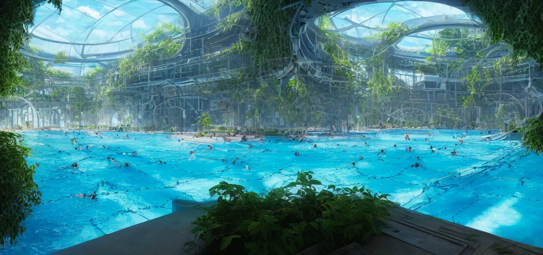 Image similar to view of a utopian solarpunk swimming complex, blue clear skies, waves, caustics, dappled light, cinematic lighting, ultra detailed, sharp, ambient occlusion, raytracing, 3 d artstation render by greg rutowski, finnian macmanus and jessica rossier