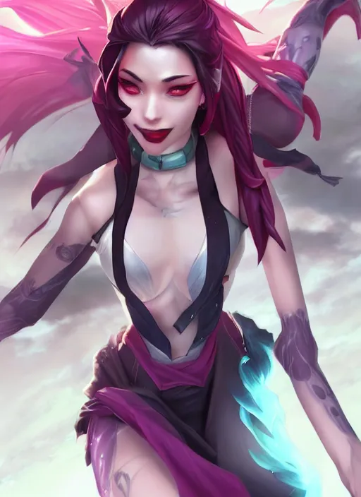 Image similar to league of legends jinx, standing on roof of building, art by artgerm, charlie bowater, ross tran.