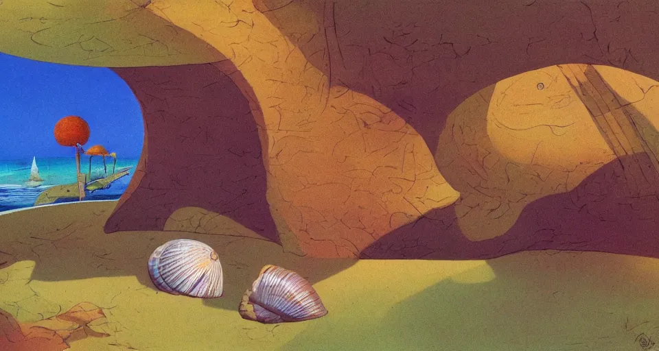 Prompt: seashell house, still life, concept art by roger dean, bill sienkiwicz and john harris, triadic color scheme