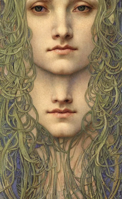 Image similar to detailed realistic beautiful young medieval queen face portrait by jean delville, alphonse mucha, vincent van gogh, and marco mazzoni, art nouveau, symbolist, visionary, gothic, pre - raphaelite