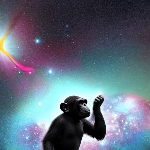 Image similar to A chimpanzee floating through outer-space, reaching out and touching a nebula with its finger, digital art, 8k