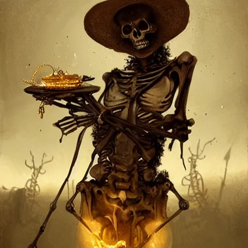 Prompt: a skeleton with a golden chain,wearing a hat,digital art,realistic,ultra detailed,art by greg rutkowski,dramatic,cinematic,movie,swag,cool