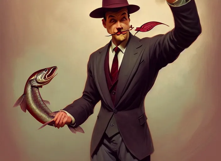 Image similar to a anthropomorphic salmon wearing a detective outfit, diffuse lighting, fantasy, film noir vibes, intricate, elegant, highly detailed, lifelike, photorealistic, digital painting, artstation, illustration, concept art, smooth, sharp focus, art by frank frazetta and marco bucci and loish and rossdraws and artgerm and alphonse mucha