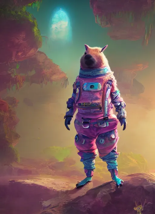 Image similar to detailed full body concept art illustration colorful pastel painting of an anthropomorphic capybara space pirate in full intricate clothing, biomutant, ultra detailed, digital art, octane render, 4K