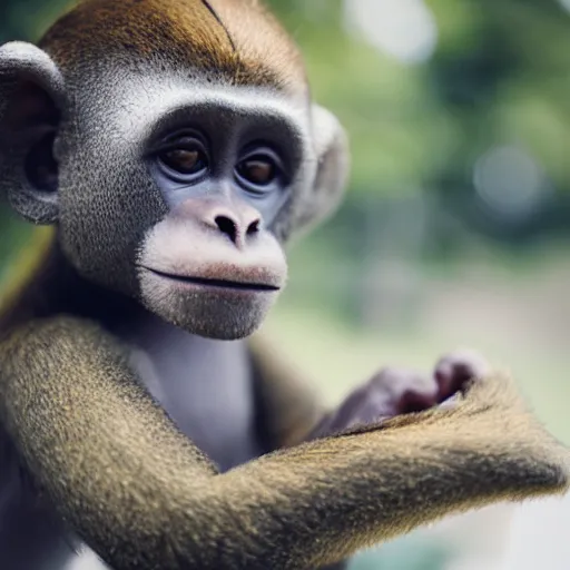 Prompt: a very beautiful stuffed monkey on a table. shallow focus. f 0. 9 5