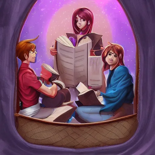 Prompt: a female and three male characters summoned from inside a book like genies, trending on artstation, detailed digital art