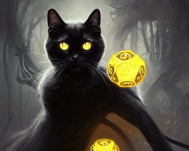 Prompt: black cat with deep big yellow eyes, deep focus, d & d, fantasy, intricate, elegant, highly detailed, digital painting, artstation, concept art, matte, sharp focus, illustration, hearthstone, art by artgerm and greg rutkowski and alphonse mucha