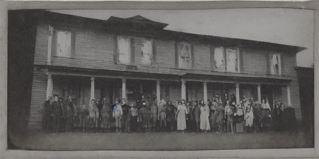 Image similar to a tintype photograph. photo of a group of people in front of the town hall house of the village and a small face of a ghost in the window of the house