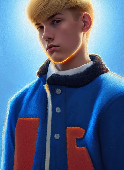 Image similar to portrait of a teenage boy named moose mason, blonde short hair, jock, beefy, square jaw, square facial structure, 1 9 5 0 s, blue varsity jacket, intricate, elegant, glowing lights, highly detailed, digital painting, artstation, concept art, smooth, sharp focus, illustration, art by wlop, mars ravelo and greg rutkowski