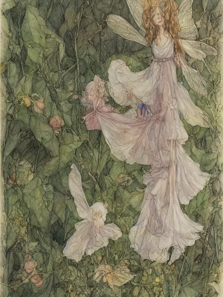 Image similar to annotated study of a flower fairy, illustration, watercolor, alan lee, detailed, pretty, ethereal,