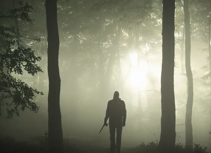 Prompt: scen from friday the 1 3 : th. jason in the woods. backlit. foggy night