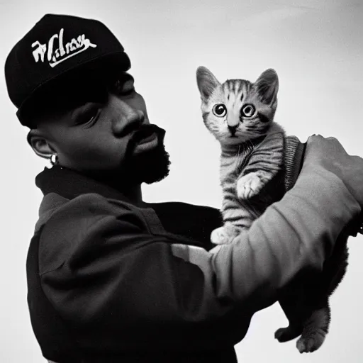 Image similar to 15mm wide-angle lens photo of a rapper in 1990 New york holding a kitten up to the camera