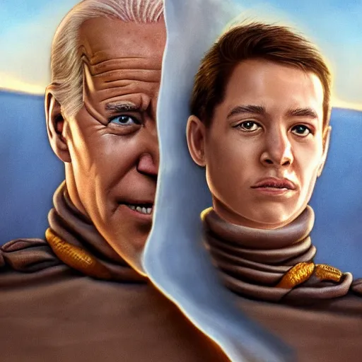 Image similar to joe biden as a photorealistic fremen Dune, shai hulud, freman, shai-hulud, artstation hall of fame gallery, editors choice, #1 digital painting of all time, most beautiful image ever created, emotionally evocative, greatest art ever made, magnum opus masterpiece, movie poster, 4k, highly detailed, cinematic lighting