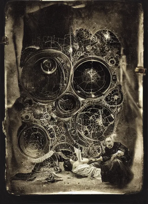 Prompt: old wetplate daguerreotype portrait of the birth of a genius architect, explosion of data fragments, fractal, intricate, elegant, highly detailed, parallax, leica, medium format, subsurface scattering, by jheronimus bosch and greg rutkowski and louis jacques mande daguerre