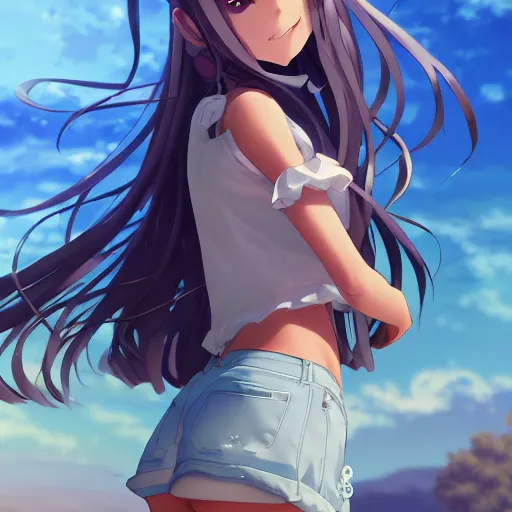 Image similar to a very beautiful anime girl, full body, long golden hair, sky blue eyes, full round face, short smile, mini jeans skirt, cute top, lake summer setting, cinematic lighting, medium shot, mid-shot, highly detailed, trending on Artstation, Unreal Engine 4k, cinematic wallpaper by Stanley Artgerm Lau, WLOP, Rossdraws, James Jean, Andrei Riabovitchev, Marc Simonetti, and Sakimichan