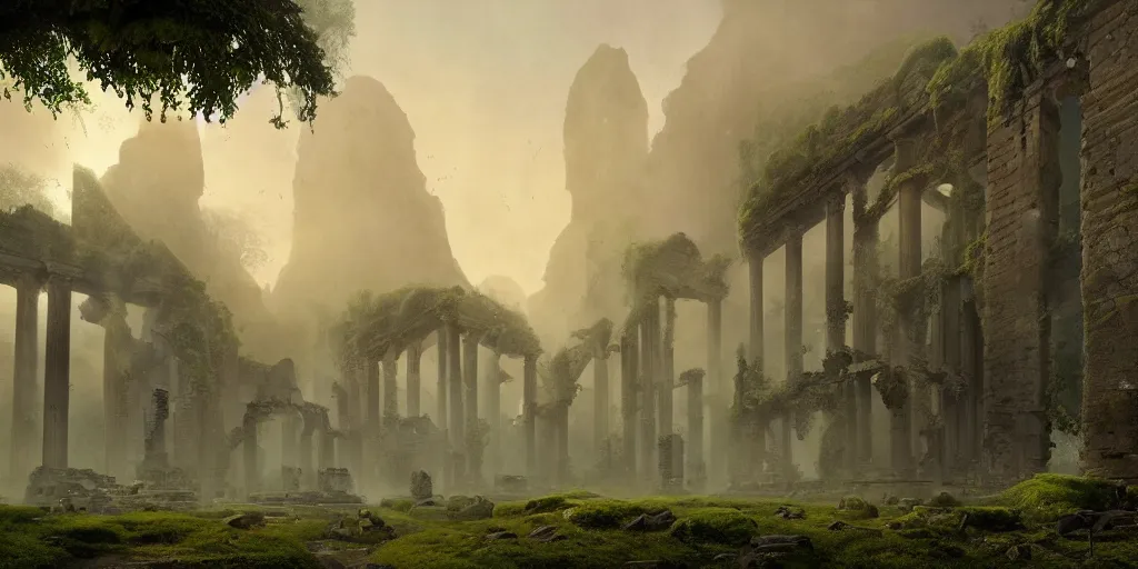 Prompt: a beautiful hyper realistic detailed matte painting of ruins of ancient ruins, lost arc, overgrown by moss, dramatic lighing,underexposed, overcast, fog, by Quentin Mabille and Moebius and Andreas Rocha and Raphael Lacoste, unreal engine, trending on artstation