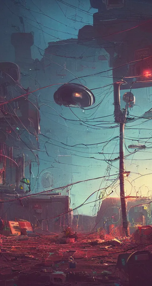 Image similar to beautiful low angle painting of an alien world with unknown structures and technology, gardenpunk, wires everywhere, junk on the ground, neon lights, moody atmosphere, epic composition, dramatic lighting, trending on artstation, octane render, by robert zemeckis