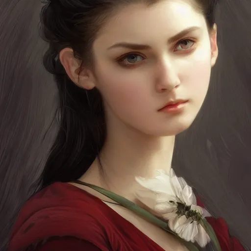 Image similar to of english teenage girl with black hair, china blue eyes, pale glowing skin, beautiful sinister features, no makeup, elegant fashion model, fantasy, intricate, elegant, dress shirt and tie, highly detailed, digital painting, artstation, concept art, smooth, sharp focus, illustration, art by Krenz Cushart and Artem Demura and alphonse mucha