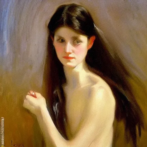 Prompt: “ dark haired girl holding infinity, very detailed, oil painting, portrait, dark background, by john singer sargent ”
