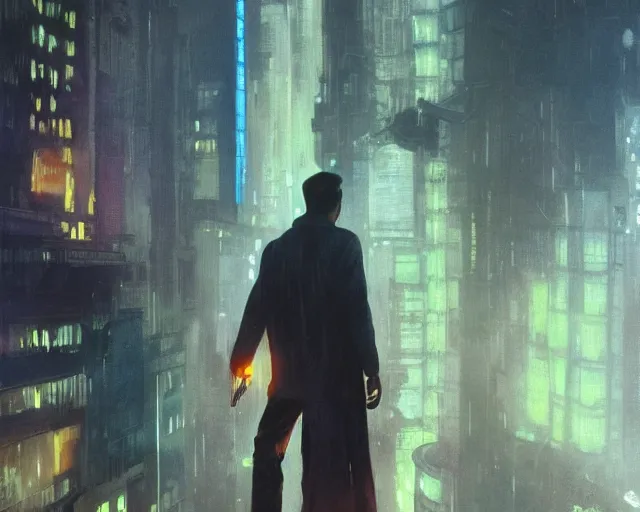 Image similar to 2 0 1 8 blade runner movie still young clint eastwood look at the cityscape from roof perfect face fine realistic face pretty face reflective polymer suit tight neon puffy jacket blue futuristic sci - fi elegant by denis villeneuve tom anders zorn hans dragan bibin thoma greg rutkowski ismail inceoglu illustrated sand storm alphonse mucha