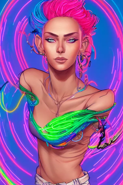 Prompt: a award winning portrait of a beautiful woman with stunning eyes in a one off shoulder croptop and cargo pants with rainbow colored hair, outlined by whirling illuminated neon lines and fine lines swirling in circles by jesper ejsing, digital art, trending on artstation