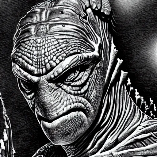 Prompt: highly detailed illustration of gill - man from creature of the black lagoon, hyper realistic, sci - fi horror art