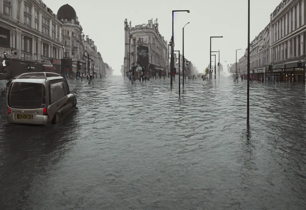 Prompt: kodak portra 4 0 0 photographic and realistic, oxford circus, detailed, octane render, unreal engine, 4 k, artstation, hyper realistic, wide angle, floor flooded, how a river, objects that float, 3 5 mm, sharp focus, soft light, volumetric light fog, in the style of gregory crewdson