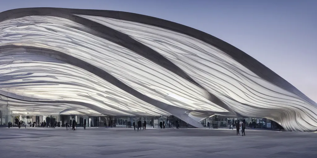 Image similar to extremely elegant smooth detailed stunning sophisticated beautiful elegant futuristic museum exterior by Zaha Hadid, smooth curvilinear design, stunning volumetric light, stainless steel, concrete, translucent material, beautiful sunset, tail lights