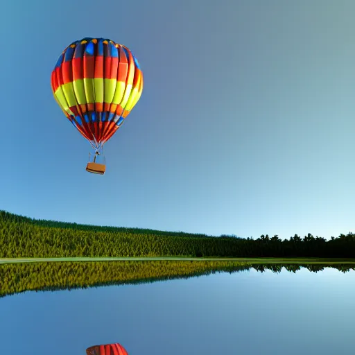 Image similar to A 3D render of a rainbow colored hot air balloon flying above a reflective lake