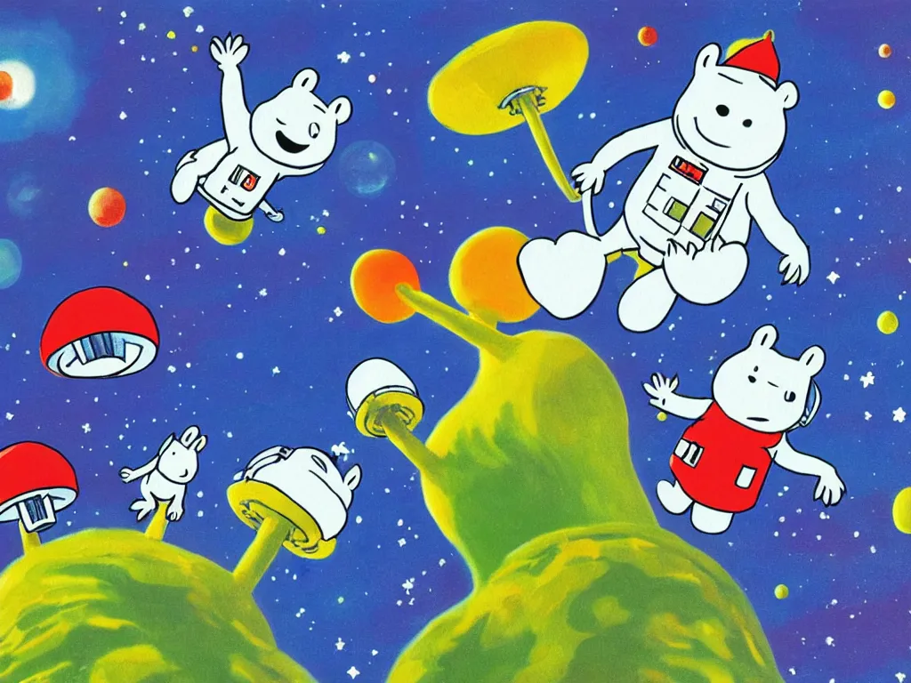 Prompt: moomins in space suits flying around with jetpacks discovering the mushroom planet, photorealistic painting, cgi, low light, movie still