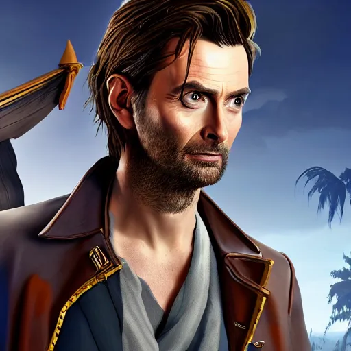 Prompt: david Tennant in the Sea of thieves, ultra detailed, on the ship, sharp focus, art by artgerm, 8k, game screenshot, hyperrealistic
