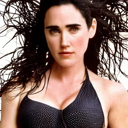 Image similar to Portrait Photography, medium closeup of young jennifer connelly poses in 2 Piece Mini Micro Push Up Swimsuits at summer beach, confident pose, fierce expression, intricate details, detailed face, detailed illustration, impressive lighting, symmetrical features, ultra detailed, 12 megapixels